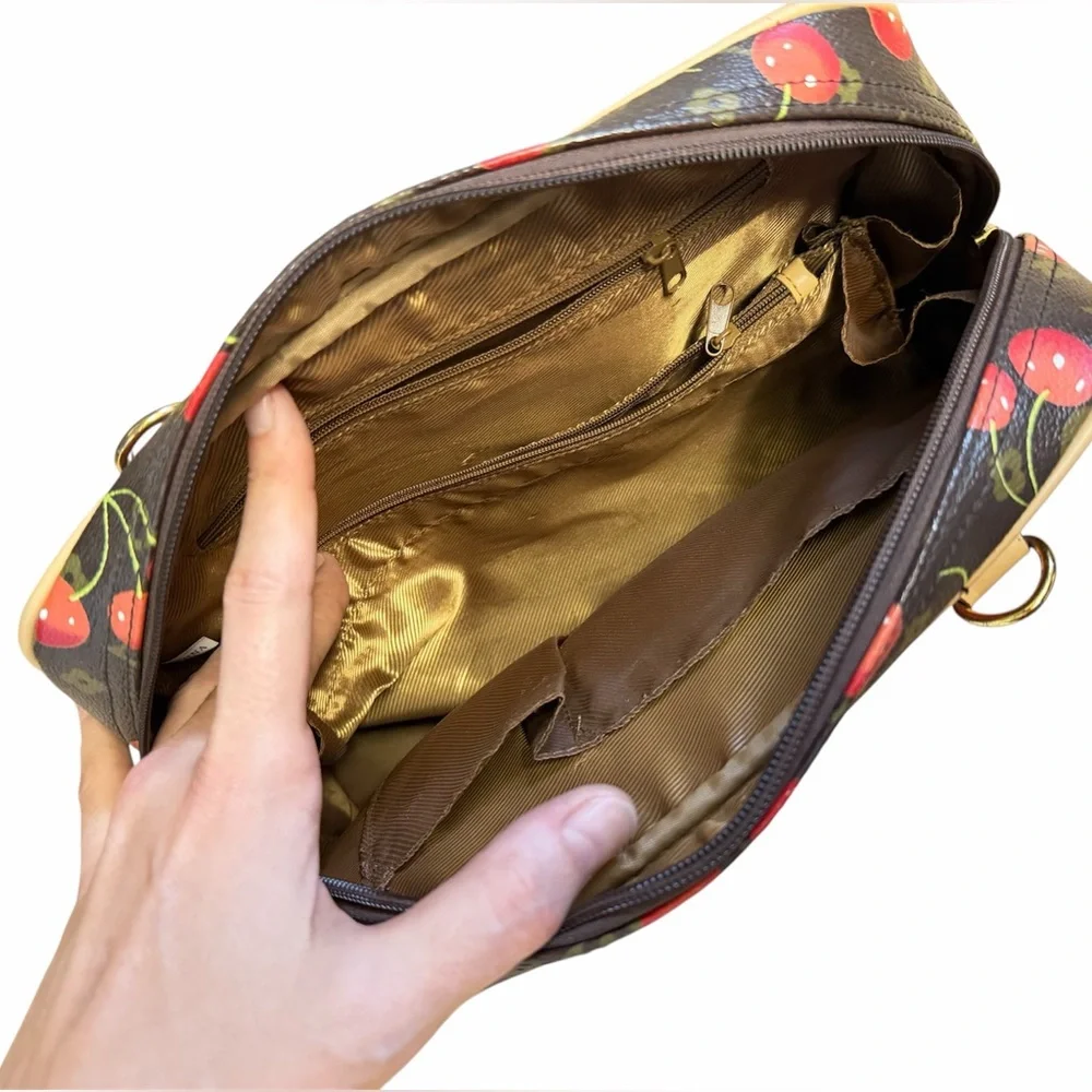 Cherry Print Satchel Handbag - Brown & Red - Picture 8 of 9